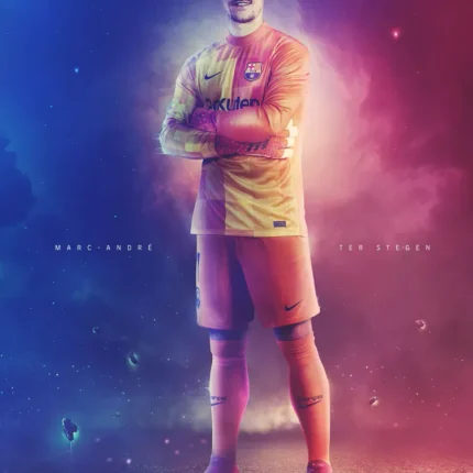 Barcelona goalkeeper in orange kit standing with arms crossed