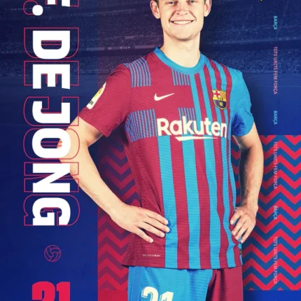 Frenkie de Jong in the number 21 Barcelona kit beside the name F. De Jong on a blue poster
