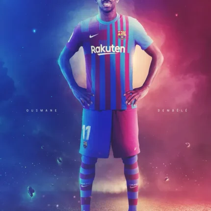 Barcelona football player in striped kit with hands on hips