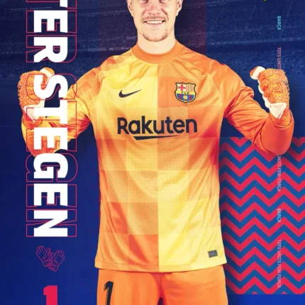 Ter Stegen in an orange number 1 goalkeeper kit and gloves beside his name on a blue poster