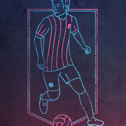 Neon line art of a footballer in a striped jersey dribbling a ball inside a frame