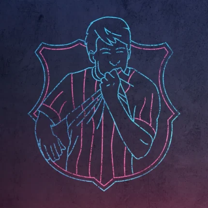 Neon line art of a footballer in striped shirt raising his hand to his lips before a shield