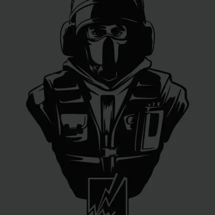 Masked operator in headphones and tactical vest on dark grey with the name Bandit