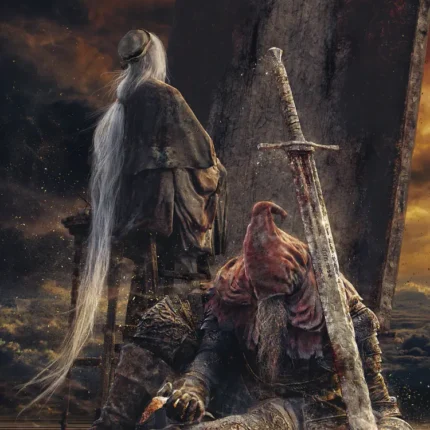Armored knight sitting with a sword beside a robed figure under a stormy sky