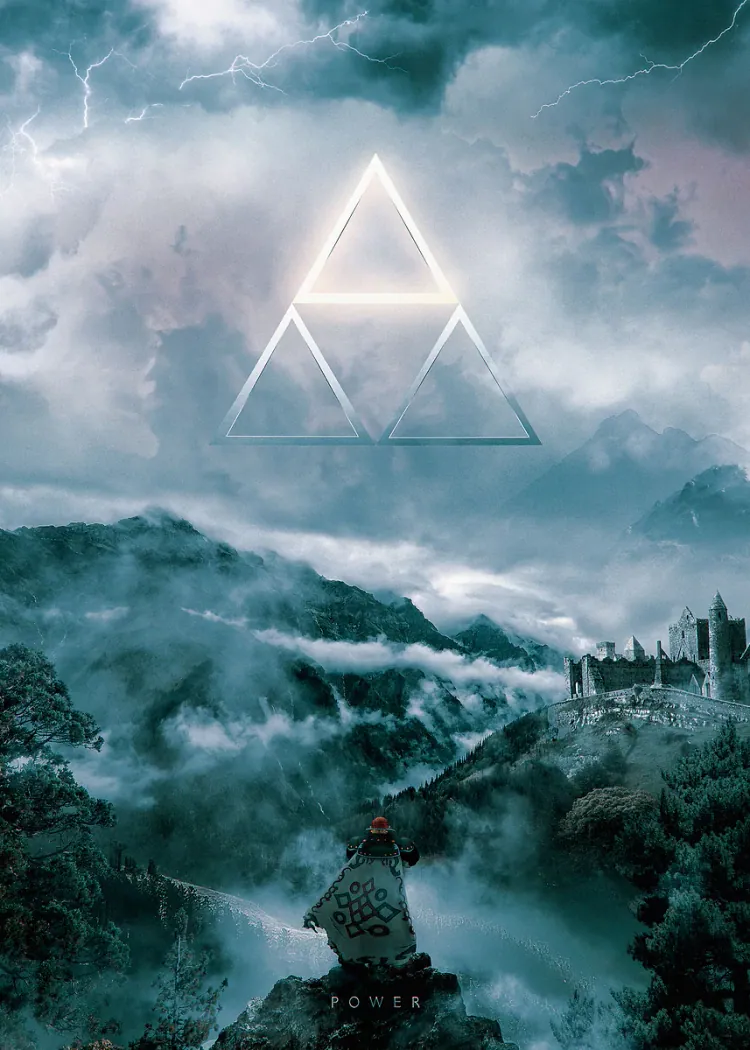Zelda Triforce Power in a Thunderstorm Over a Castle Poster Glowing triforce under a thunderstorm above a castle in misty green mountains