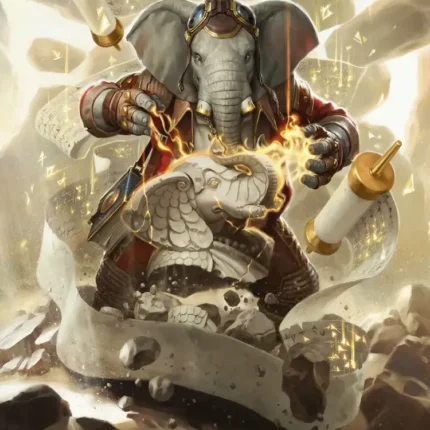 Fantasy elephant character with glowing hands among long parchment scrolls
