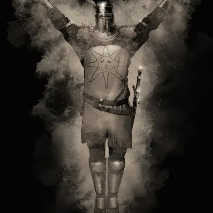 Sepia armored knight with sun emblem raising both arms in smoke with Dark Souls logo