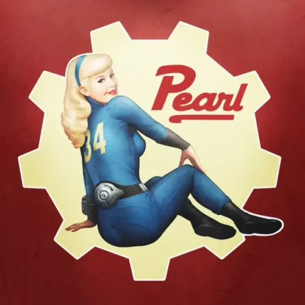 Pin-up illustration of Pearl in a blue jumpsuit numbered 34 seated before a cog emblem on red