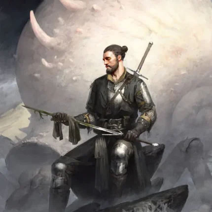 Armored warrior seated on rocks holding a blade in front of a giant pale horned sphere in the sky