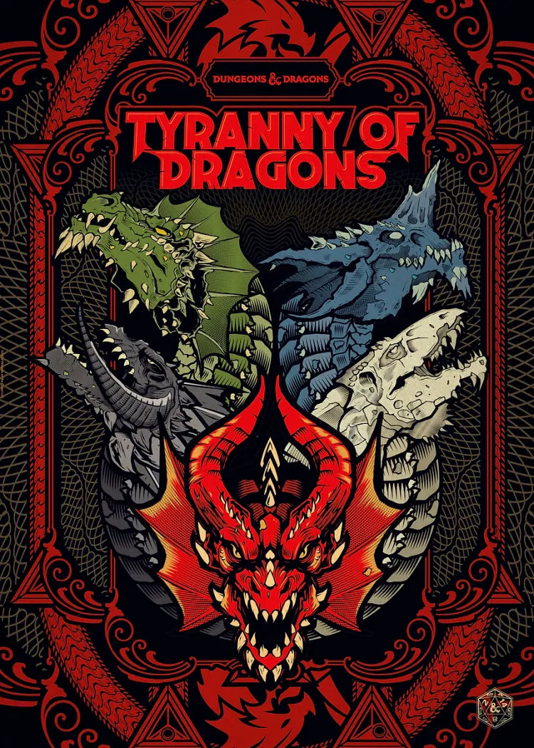 Dungeons & Dragons Tyranny of Dragons Book Cover Poster Tyranny of Dragons cover art with four dragon heads in an ornate red and black frame