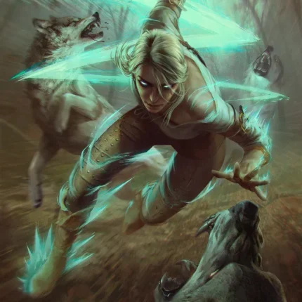 Young fighter leaping with a glowing teal sword between two wolves
