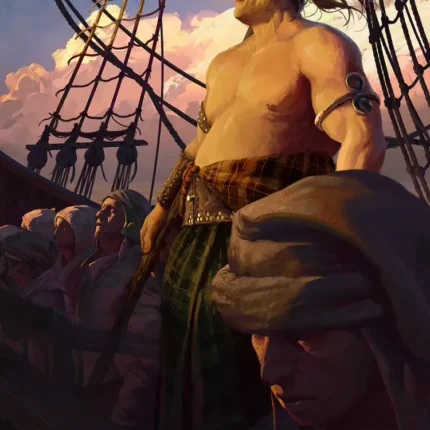 Shirtless pirate in a kilt on a ship deck with rigging and sunset sky