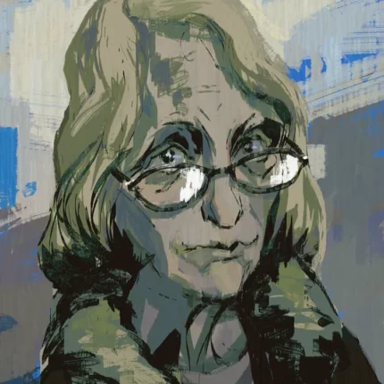 Painted portrait of a woman with round glasses and a fur-trimmed coat