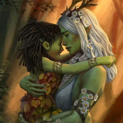 Green-skinned antlered forest spirit with white hair hugging a child in a warm autumn forest