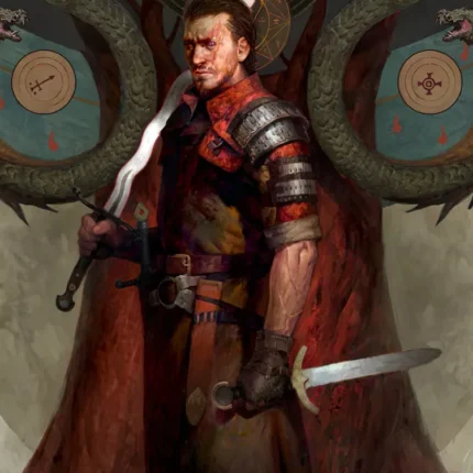 Fantasy warrior in red armor holding two swords with serpents behind him