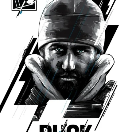 Black and white portrait of Rainbow Six Siege operator Buck with the name BUCK below