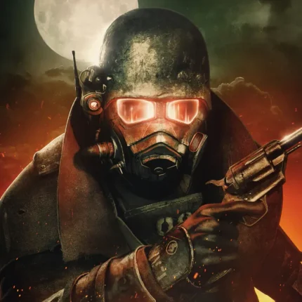 Armored ranger in a helmet with glowing red goggles holding a revolver under a full moon
