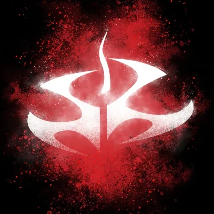 Glowing white emblem on black background surrounded by red paint splatter