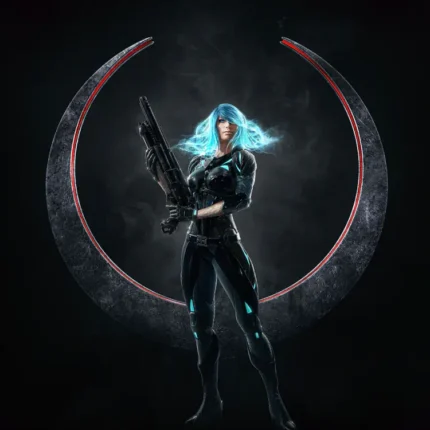 Woman with glowing blue hair in a dark suit holding a rifle before the circular Quake emblem