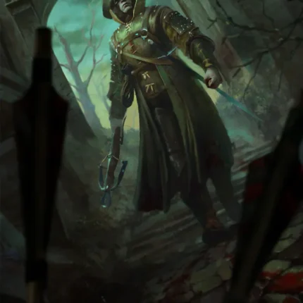 Helmeted guard with a crossbow in a stone archway with bolts in the foreground