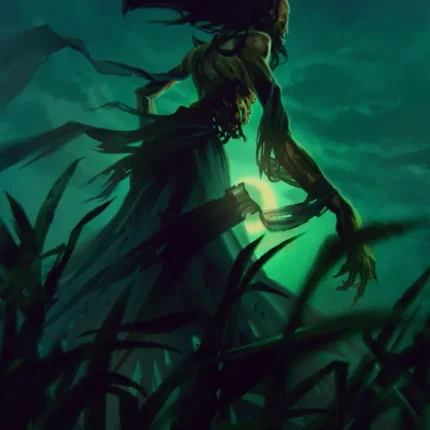 Ghostly figure with trailing hair holding a green glowing light in dark tall grass