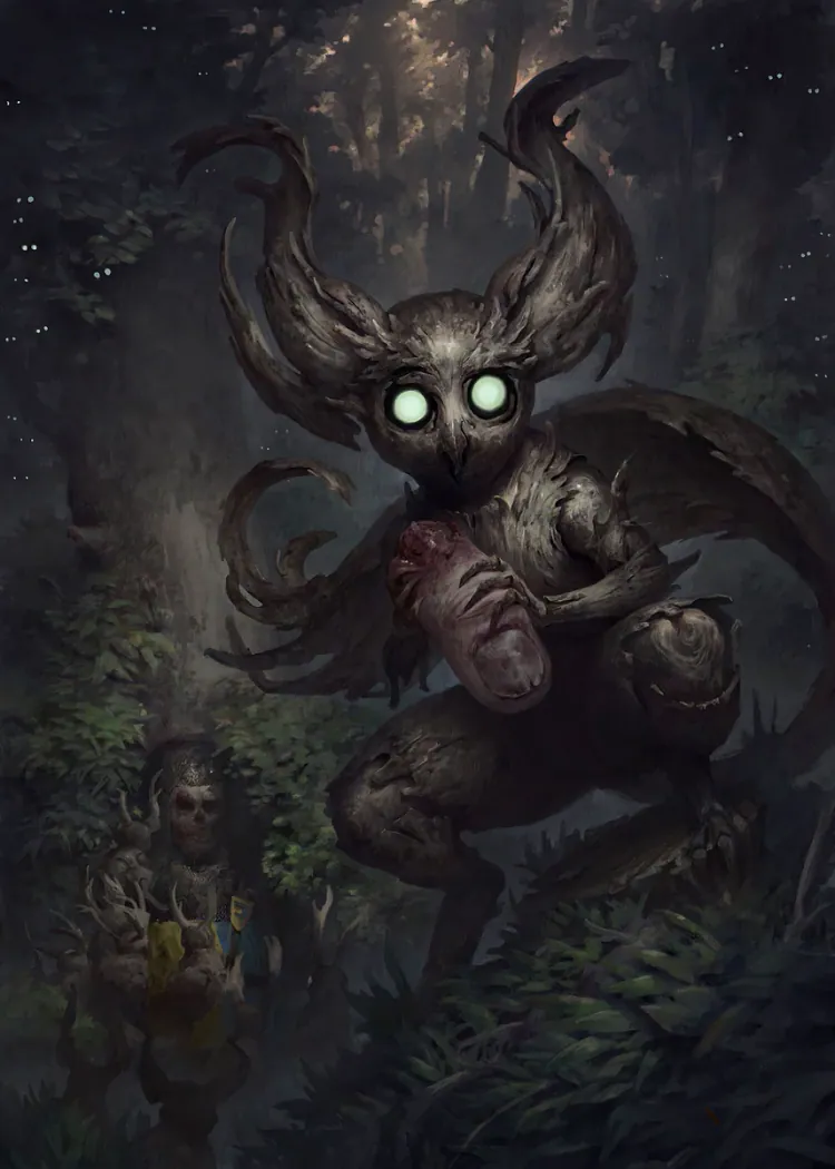 Antlered Forest Spirit with Glowing Eyes and a Hiding Child Poster Crouching antlered forest creature with glowing eyes in a dark forest with a small figure hiding below