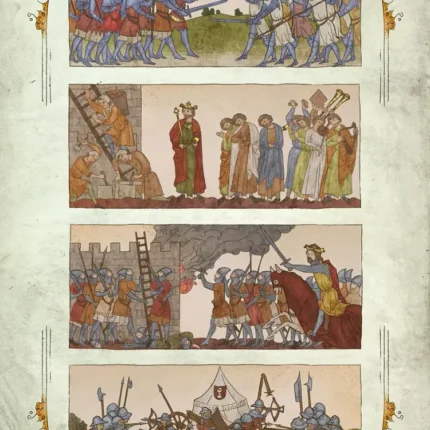 Four vintage painted panels of medieval battle, siege, mounted knight and war cart with floral border