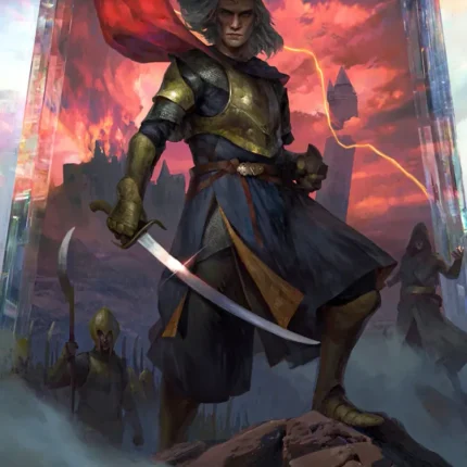 Warrior in gold armor with a red cape holding a curved sword on a rock under a stormy red sky