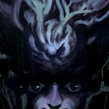 Grinning violet face under a glowing branching blue crown on a dark background