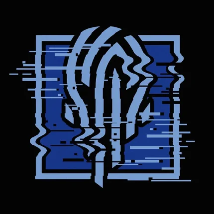 Blue glitch-effect Vigil emblem on a black background, Rainbow Six symbol poster