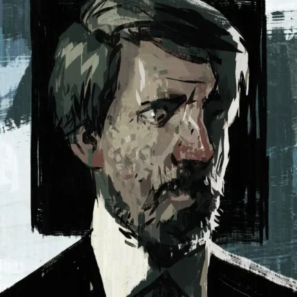 Painted portrait of a bearded man in a suit and tie with a black frame