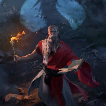 Old sage in a red robe with a torch and open book before a dragon shadow
