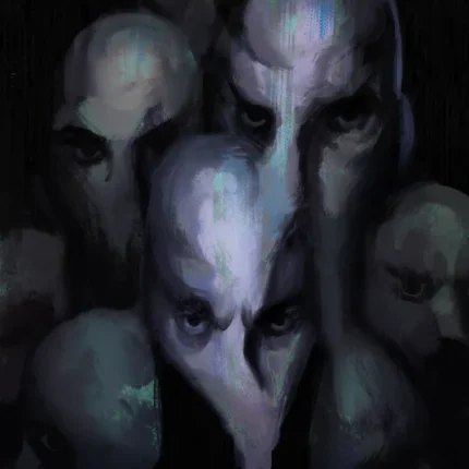 Cluster of many pale blue faces with watching eyes in a dark scene