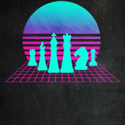 Cyan chess pieces on a magenta grid in front of a striped neon retro sun