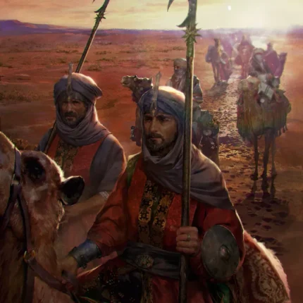 Turbaned guards with halberds beside camels in a desert caravan at sunset