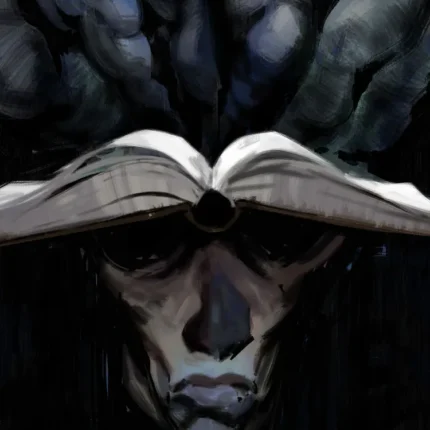 Grey shadowed face with an open book across the forehead and blue shapes above