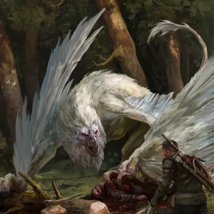 Large white griffin crouching in a forest while a hunter with a sword approaches among tree stumps