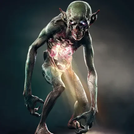 Gaunt pointy-eared monster crouching with a glowing ribcage in the dark