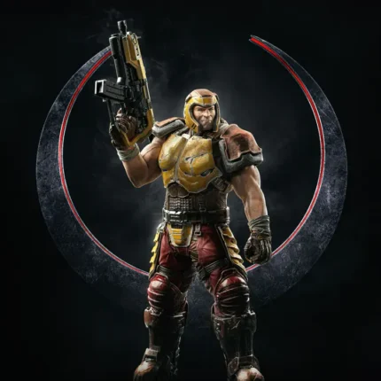 Quake Champions hero in yellow and red armor holding a rifle before the circular Quake emblem