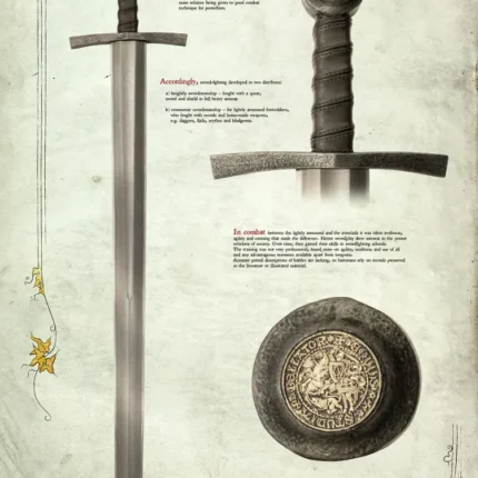 Vintage plate of a medieval sword with hilt and round crest pommel details