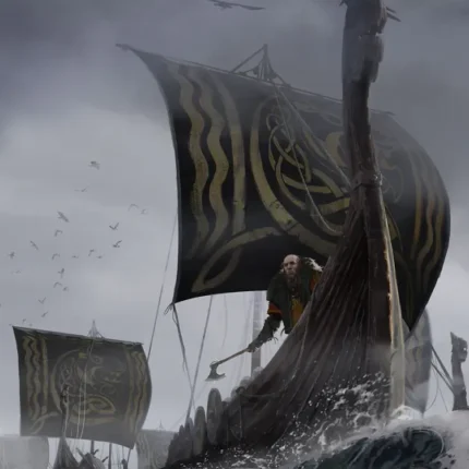 Longships with black golden-knotwork sails riding rough grey waves under dark clouds