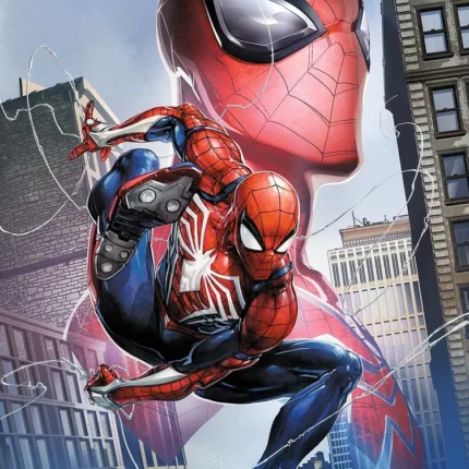 Spider-Man mid-leap among city buildings with a giant mask in the sky