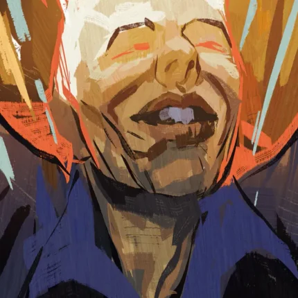 Painted close-up of a laughing man in a blue shirt with orange and blue brush strokes