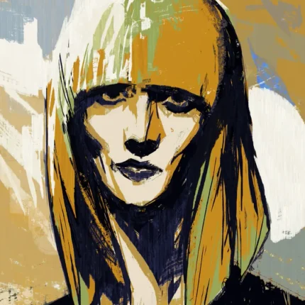 Painted portrait of a stern figure with long hair and bangs in yellow and navy