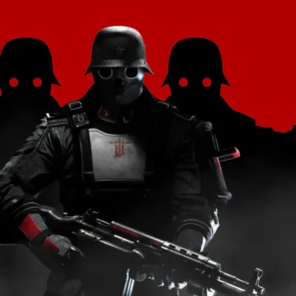 Soldier in black helmet and goggles holding a rifle in front of red-backed silhouettes