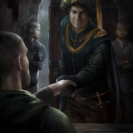 Merchant in a green turban shaking hands over coins in a stone archway