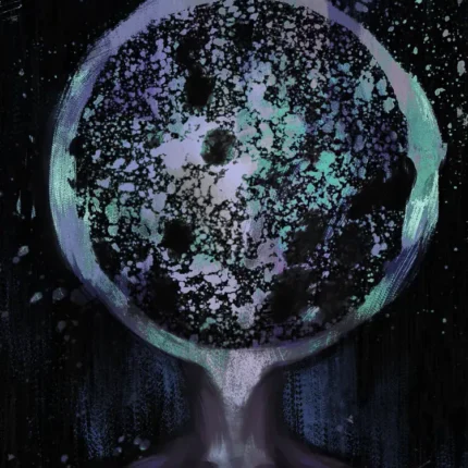 Figure with a large starry galaxy-filled sphere in place of a head