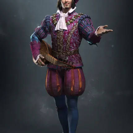 Smiling bard in a purple embroidered costume and feathered cap holding a lute