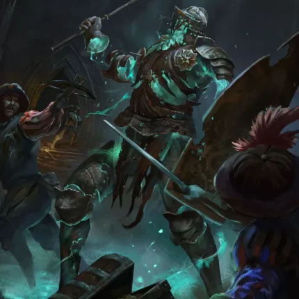 Glowing teal ghost soldier in armor swinging a weapon among fighters near a treasure chest