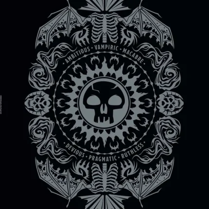 Grey skull emblem with bat wings and gothic ornaments on a black background
